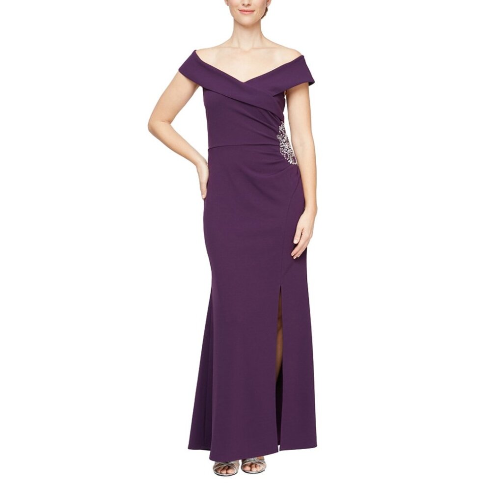 NWT Alex Evenings Summer Plum Stretch Crepe Off-the-shoulder Long Formal Dress